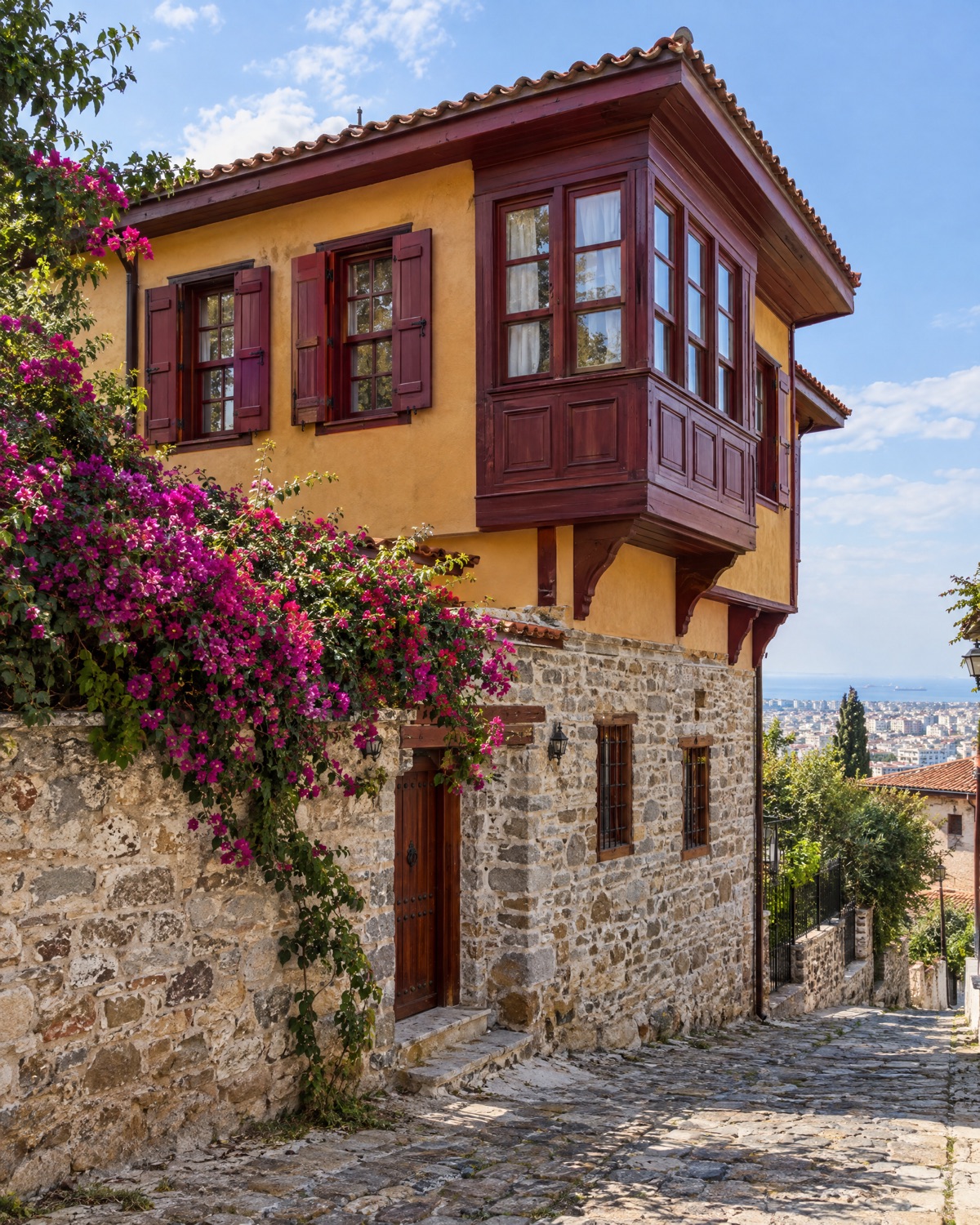 Αναστηλωμένο παραδοσιακό σπίτι στην Άνω Πόλη με κόκκινα παντζούρια